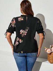 Reflora 大码休闲工作泡泡袖印花衬衫，春夏女式优雅衬衫 - 黑色 - 查看 2