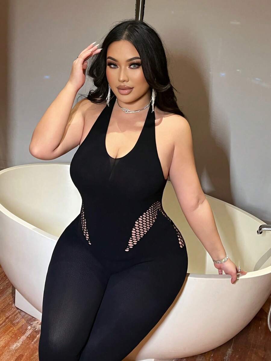 Flirla Plus Size Women's Solid Color Hollow Out Backless Halter Neck Slim Fit Sexy Jumpsuit - Black - View 1