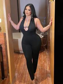 Flirla Plus Size Fashionable Sexy Backless Halter Jumpsuit - Black - View 6