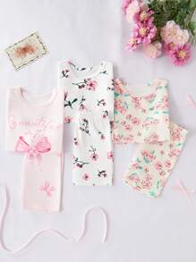 Bộ đồ ngủ 6 món cho bé gái, gồm áo ngắn tay và quần short, họa tiết nơ và hoa. - Nhiều màu - Xem 4