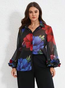 Aveloria Modichic Plus Size Chiffon Splicing Colorful Floral Print Layered Ruffled Cuff Long Sleeve Blouse, Elegant Design Fall Cloth For Women - Multicolor - View 5