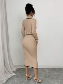 Elenzga Women Elegant High Neck Fitted Ribbed Texture Bowknot Pullover Sweater Dress - Khaki - View 2