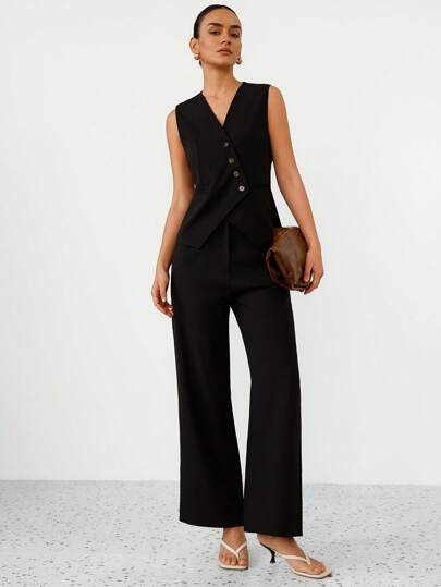 SHEIN Privé 2 件套女士阔腿裤和马甲套装，休闲宽松上衣和下装套装