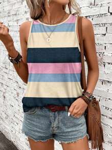 SHEIN LUNE Casual Stitching Striped Pattern Round Neck Women's Tank Top Suitable For Spring And Summer - Multicolor - View 3