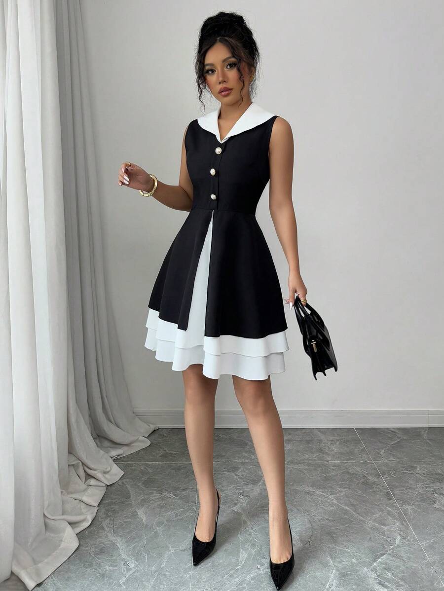 Elenzga Mùa xuân/hè mới về thanh lịch cài nút ngọc trai màu tương phản ve áo không tay cho nữ - Đen và trắng - Xem 1