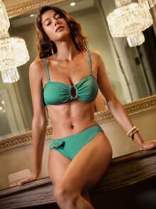 Anewsta Women's Swimwear Bikini Set, Special Fabric, Side Button, For Summer Beach Vacation - Green - View 5