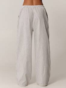 Forever 21 夏季新款松紧腰抽绳海滩度假条纹休闲女式编织长裤 - 彩色 - 查看 2