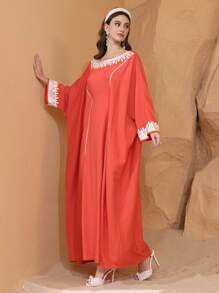 Al Najma 女式露肩长袖束腰长袍，带蕾丝下摆，土耳其和阿拉伯传统风格，春夏 - 橘色 - 查看 3