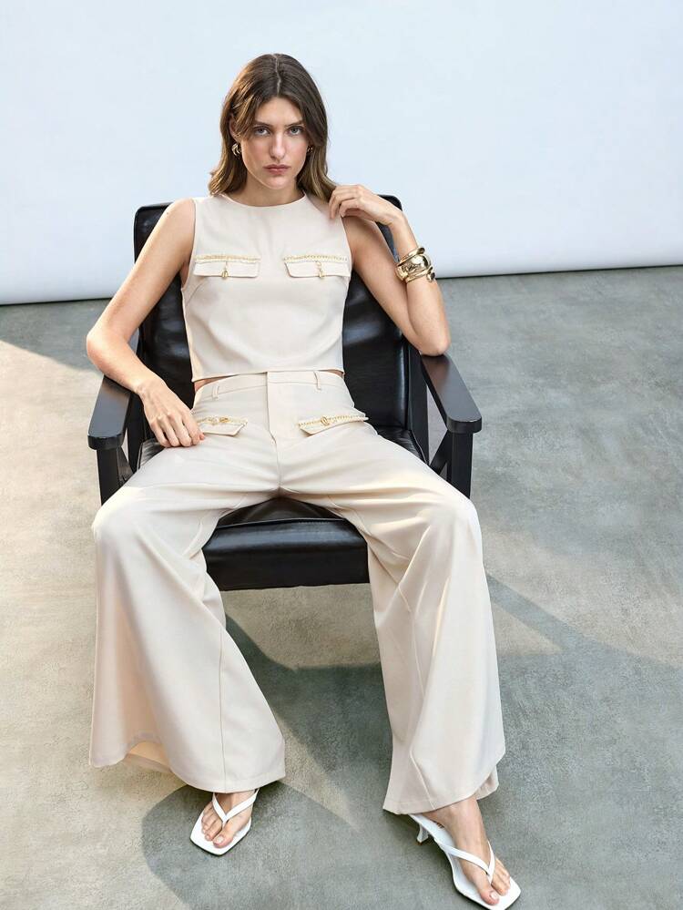 SHEIN Maija Women Office Lady Metallic Strap Decor Sleeveless Tank Top And Long Pants Suit, Summer Season