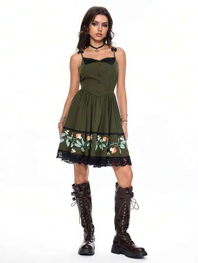 Fairycore Women's Vintage Cottagecore Style Frog, Mushroom, Moth Print Color Blocking Lace Trim Mid-Length Dress