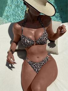 Swim SXY Springbreak Women Leopard Print Halter Backless Bikini Set, Sexy Festival Boho Beach Outfits, Summer Vacation - Multicolor - View 1