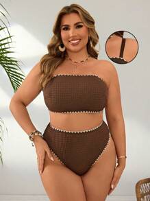 Swim Vcay 2pcs/Set Bikini Segitiga Pinggang Tinggi Wanita Ukuran Plus Warna Polos dengan Tali Bahu Tipis dan Hiasan Kerang, Santai & Kasual, Untuk Liburan Pantai Musim Panas - MultiWarna - View 6