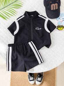 SHEIN Babyboy/Babygirl Colorblock Casual Sports Short Sleeve Jacket With Elastic Waist Colorblock Shorts Set, Summer