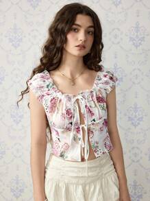 SHEIN MOD Blusa romântica com estampa floral feminina, roupa de show feminina, estilo old money feminino, roupas rave, roupas de praia para mulher, tops de verão - Multicolorido - Ver 4