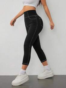 SHEIN EZwear Black Knit Yoga Sports Color Block Stitching 3/4 Leggings - Black - View 4