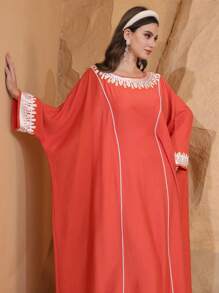 Al Najma 女式露肩长袖束腰长袍，带蕾丝下摆，土耳其和阿拉伯传统风格，春夏 - 橘色 - 查看 5