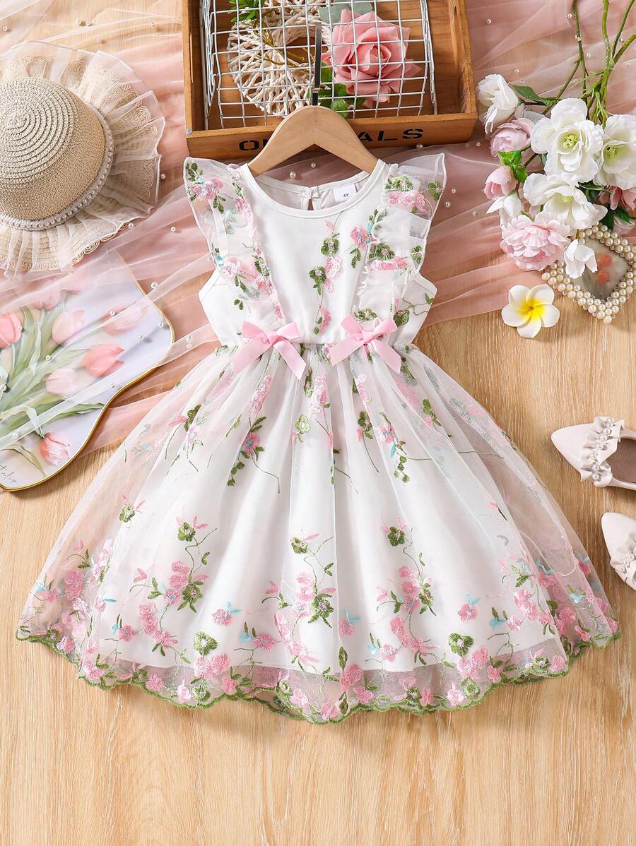 SHEIN Glamorique Kids 年轻女孩连衣裙，春假年轻女孩服装复活节连衣裙年轻女孩花连衣裙年轻女孩春季连衣裙 - 粉色 - 查看 1