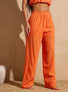 Vixey Textured Woven Pleated Wide Leg Pants, Summer Outfits For Women, Beach Outfits For Women, Spring Outfits For Women, Boho, Boho Women Clothing, Island Vacation Outfits - Orange - View 3