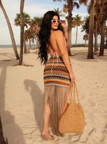 SHEIN SXY 夏季女士连衣裙 夏威夷海滩女士连衣裙 夏季套装 沙滩罩衫 海滩度假女士服装 - 棕色 - 查看 6