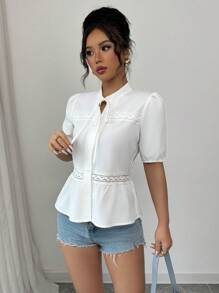 SHEIN Clasi New Summer Lace Patchwork Hollow Bow Short Sleeve Shirt - White - View 4