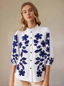 SHEIN Clasi Camicia donna a maniche lunghe con bottoni, con stampa floreale e rifiniture arricciate, adatta per vacanze