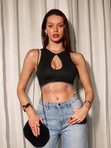Glamine Women Solid Color Splice Rhinestone Tassels Hollow Out Crop Top - Black - View 4