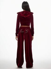 MISSGUIDED Luxe Velvet Tracksuit Set Lounge Wear Zip-Up Crop Jacket Wide Leg Pants Athletic Leisure Suit Soft Plush 2 Piece Set Casual Workout Outfit Gym Athleisure Christmas - Burgundy - View 2