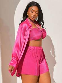 SHEIN SXY Plus Size Women's Hot Pink Summer Beach Vacation Holiday Toothpick Pleated 3-Piece Set,Halter Neck Strap Top,Shorts & Long-Sleeved Shirt Outfit - Baby Pink - View 3