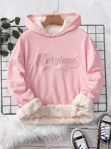 SHEIN 青少年女孩字母刺繡連帽加絨內裏運動衫 - 粉色 - 查看 1