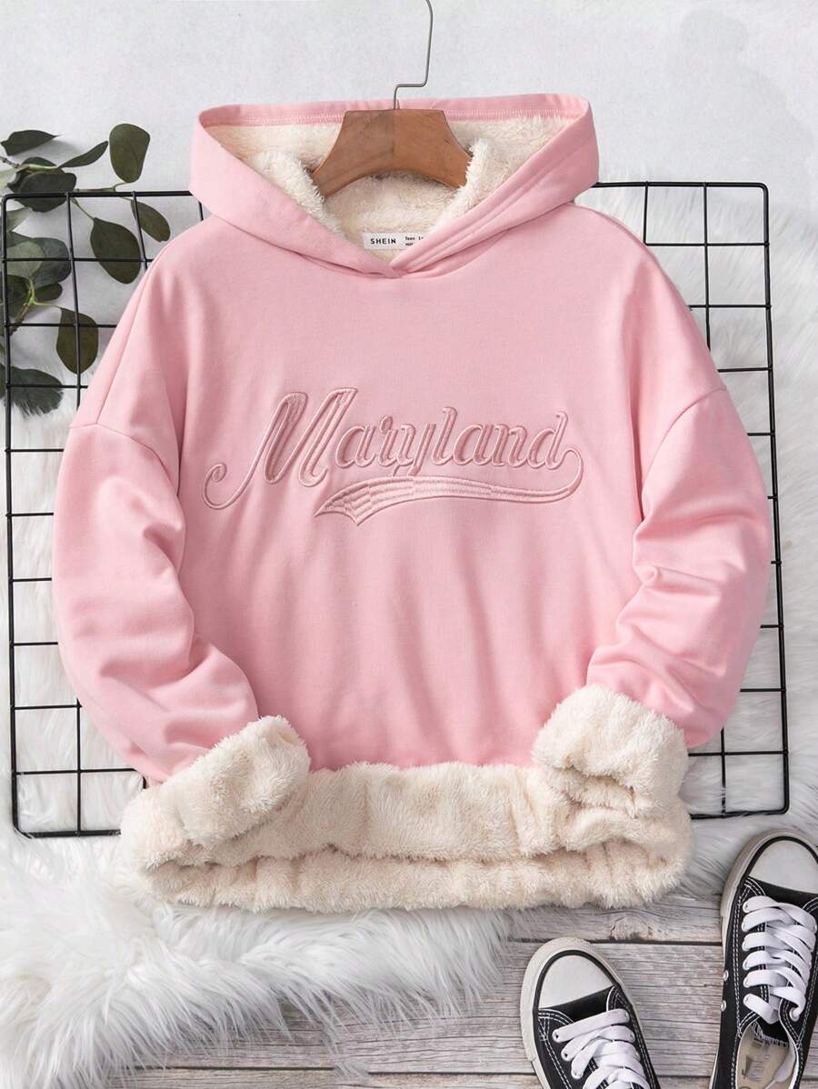 SHEIN 青少年女孩字母刺繡連帽加絨內裏運動衫 - 粉色 - 查看 1