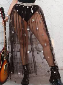 INAWLY Solva Plus Size Fashionable Sexy Sequin Mesh See-Through Skirt