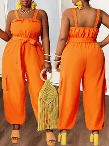 Slaydiva R New 2025 Curve Plus Size Women Solid Color Orange Sleeveless Strap Jumpsuit Spring/Summer - Burnt Orange - View 3