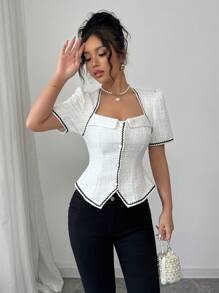 Elenzga Women Elegant Fitted Color Block Wave Patterned Short Sleeve Blouse - White - View 5