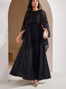 Veilorie Women's Solid Color Lace Patchwork Casual Mid-Length Dress - Black - View 7