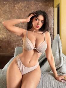 SHEIN Swim Ensemble de bikini femme, avec Top à bretelles fines et bas de couleur unie, pour l'été et les vacances à la plage - Kaki - Voir 1