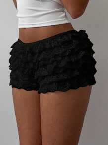 Aloruh Women's Music Festival Stylish Contrast Color Lace Trim Netted Multilayer Ruffle Hem Super Short Shorts, Spring/Summer - Black - View 6