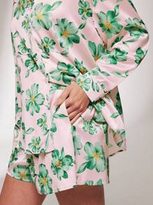 LUVLETTE Silky Satin Green Floral Print Button-Up Top & Shorts Loungewear Airy Women Pajama Set Pants With Pockets Lounge Sets For Women Lingerie