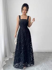 SHEIN Unity Women Mesh Embroidered Lace Trim Slip Dress Maxi Gown - Black - View 4