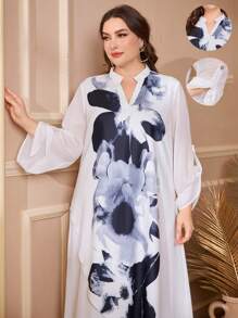Lacomfia Plus Size Elegant Retro Patchwork Chiffon Position Floral Dress - White - View 1