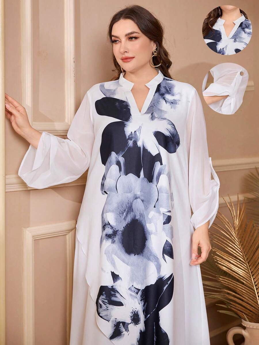 Lacomfia Plus Size Elegant Retro Patchwork Chiffon Position Floral Dress - White - View 1