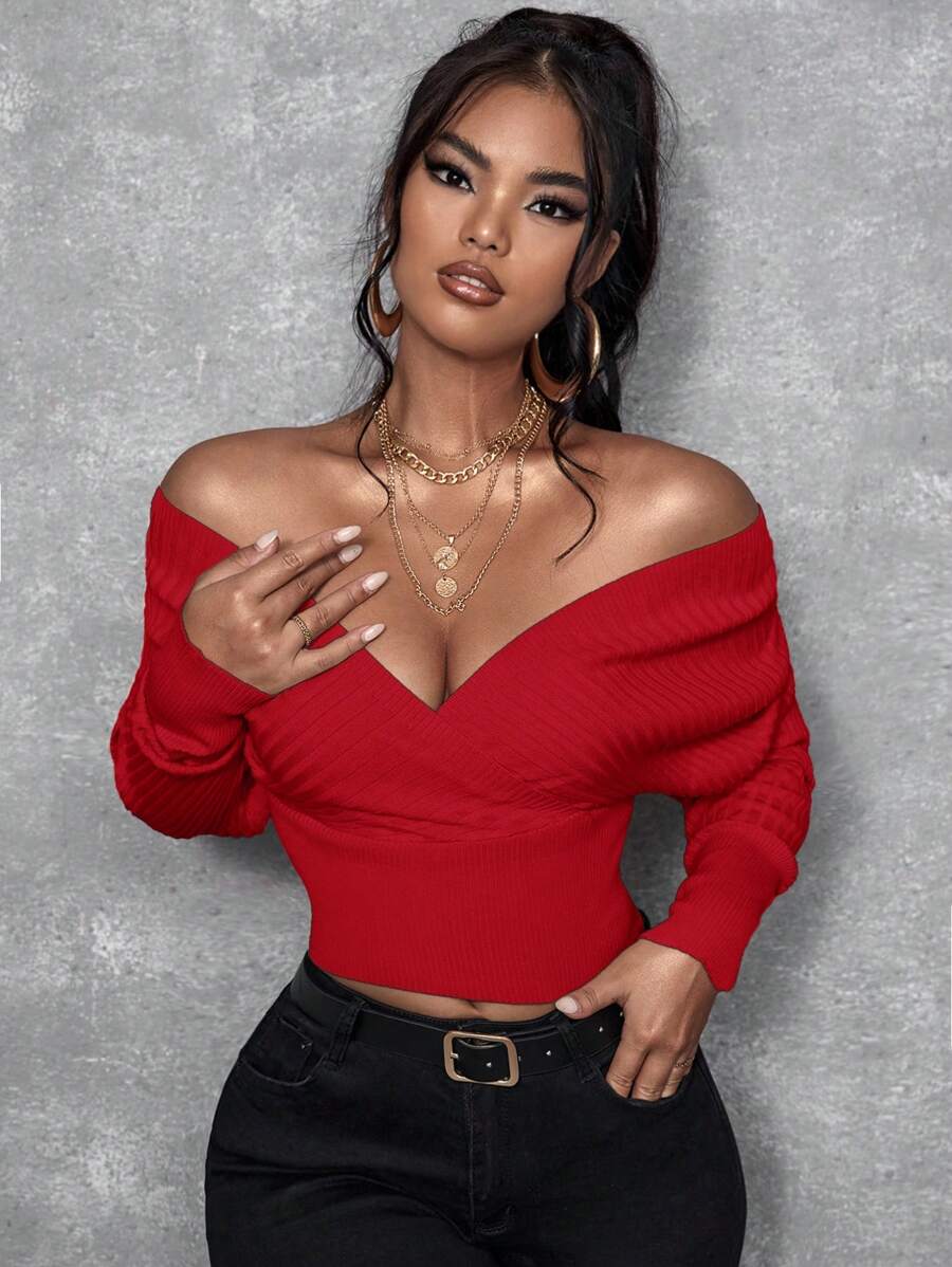 SHEIN SXY Solid Color Long Sleeve Sweaters, Casual Pullover,Long Sleeve Tops In Fall/Winter - Red - View 1