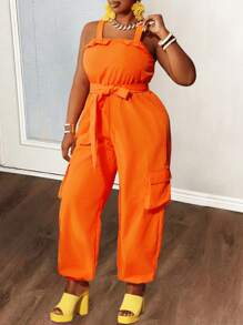 Slaydiva R New 2025 Curve Plus Size Women Solid Color Orange Sleeveless Strap Jumpsuit Spring/Summer - Burnt Orange - View 5