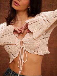 WESTFADE V Neck Drawstring Knot Front Faux Crochet Sweater Knit Top - Apricot - View 5