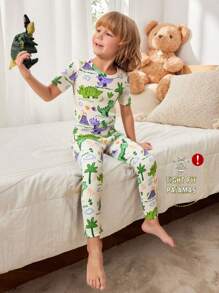 2 件套贴身男童睡衣套装 - 恐龙、火山、树叶印花短袖上衣和长裤，适合所有季节