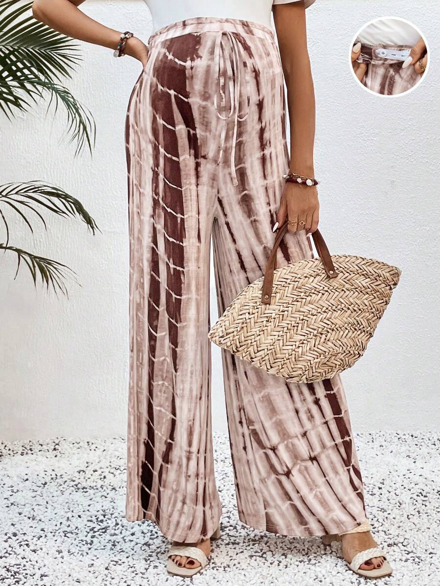 SHEIN 孕妇前系带印花简约休闲长裤，适合日常穿着 - 棕色 - 查看 1