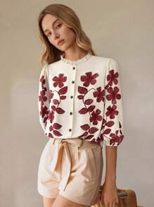 SHEIN Clasi Women's Floral Pattern Frill Sleeve Single-Breasted Blouse - Burgundy - View 3