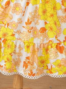 Vestido de niña con cuello de gota con volantes elegantes, sin mangas, de patchwork con lunares y estampado floral pequeño, adecuado para uso al aire en el campo - Amarillo - Ver 7