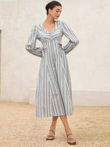 GENKIRA Light Grey,Autumn,Ellegant,Tea Party Vintage French Countryside Ruffle U-Neck Puff Sleeve Tie Waist Slim Butterfly Decor Striped A-Line Midi Dress - Multicolor - View 2