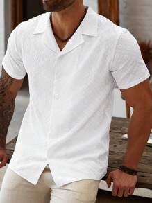 Manfinity Homme Plus Size Men's Casual Solid Color Textured Short Sleeve Shirt - Beige - View 1