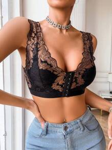 1pc Wireless Lace Front Hook Closure Thin Scoop Neck Seamless Lingerie Bra, Minimized Design For Small Bust - Black - View 7